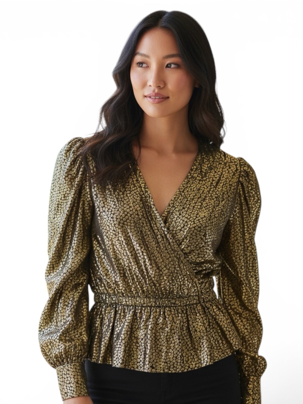 NWTโ Joie Nadeen Metallic Gold Peplum Blouse Wrap Pleated V-Neck Top Size Small